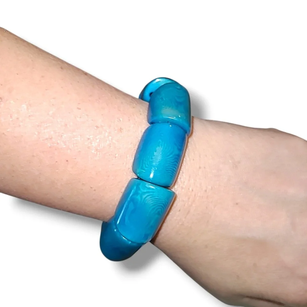 Vintage Tagua Blue Chunky Block Bead Stretch‎ Bracelet Statement Bold